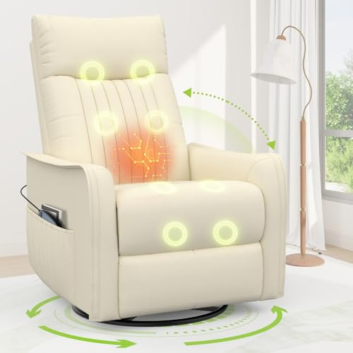 sisolos Fernsehsessel Massagesessel mit Liegefunktion, Relaxsessel mit Wärme und Massage, 360°Drehbarer TV Sessel Wohnzimmer, Schaukelstuhl mit Gepolsterte Kopfstütze, 2 Seitentaschen