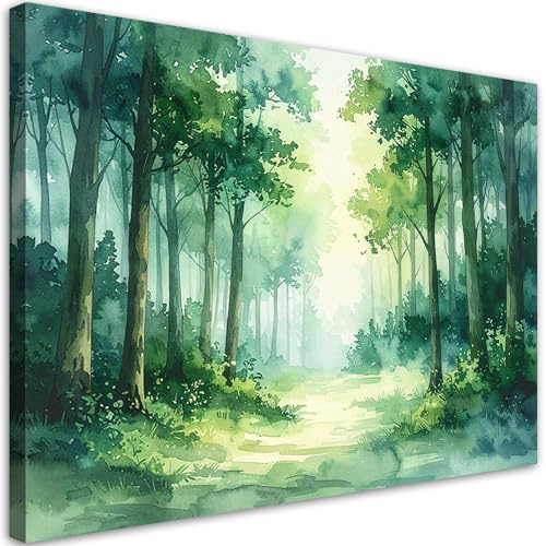 Feeby Wandbilder - Bilder Schlafzimmer - Grüner Wald Landschaft - 100x70 1tlg - Wohnzimmer Bild Groß - Wohnungs - Foto Geschenk - Leinwand Wall Art - Wand Deko
