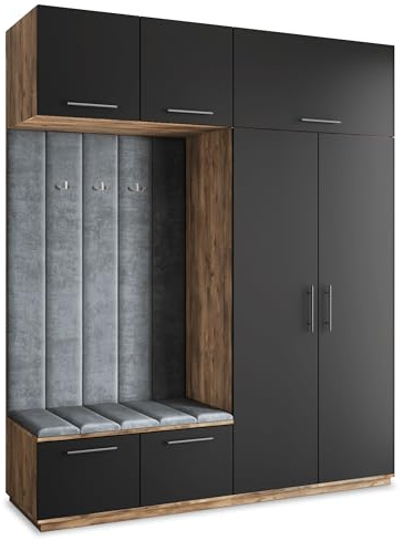 Masseno Flugarderoben Set Rema, Kleiderschrank-Set mit Sitzbank, Garderobenschrank Flur mit 5 Regalböden, Eiche Lefkas/Schwarz