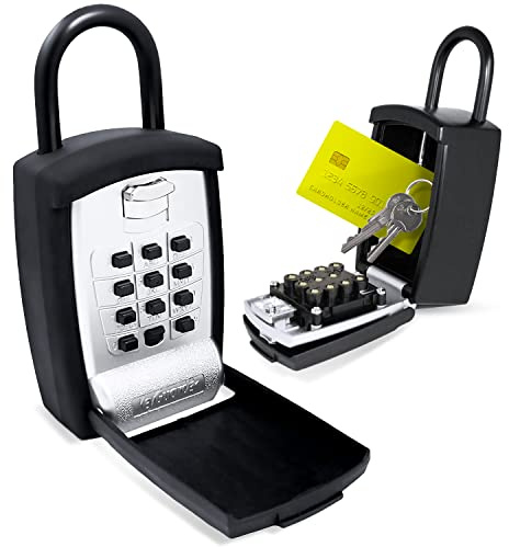 KeyGuard SL-500 Stanzknopf-Schlossbox, schwarz, tragbare Bügel-Schlossbox für draußen, passend für Hausschlüssel, Autoschlüssel, Schlüsselanhänger, Kreditkarten/Ausweise und mehr, Tastatur-Safe,