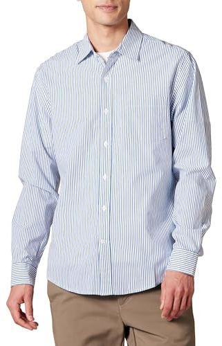 Amazon Essentials Men's Slim-Fit Long-Sleeve Poplin Shirt, Blue White Vertical Stripes, L