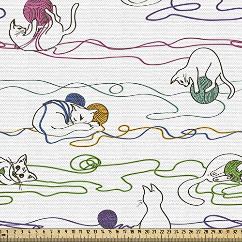 ABAKUHAUS Kätzchen Gewebe als Meterware, Katzen mit Garnbällen, Dicht Gewebter Stoff zum Nähen Polster Wohnaccessoires, 3M (148x300cm), Grün Magenta
