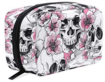 Make-up-Tasche mit Totenkopf-Motiv, Pfingstrosen-Druck, Kosmetiktasche, Aufbewahrung, großer Reisegriff, personalisierbar mit Fächern, für Teenager, Mädchen, Frauen, Damen, Rosa / Weiß, Schwarz