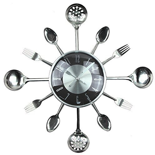 Timelike Wall Clock, 18 Metal Cutlery Utensil Kitchen Spoon Fork Wall Clock Creative Modern Home Decor Antique Style Wall Watch (Black)