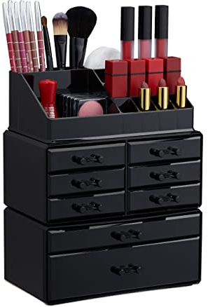 Relaxdays Make Up Organizer 2er Set mit Schubladen, schwarz | stapelbarer Schmuckkasten für Make Up, Acryl Schminkaufbewahrung