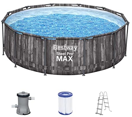 Bestway Steel Pro MAX Frame Pool-Set mit Filterpumpe Ø 366 x 100 cm, Holz-Optik (Mooreiche), rund