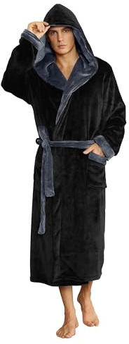 U2SKIIN Herren Kapuze Bademantel Plüsch Bademäntel lange Fleece flauschig | mit Kapuze, Taschen und Bindegürtel, weich und warm, flauschig, Flanell‑Fleece‑Bademantel, plüsch‑Bademantel lang, Zuhause