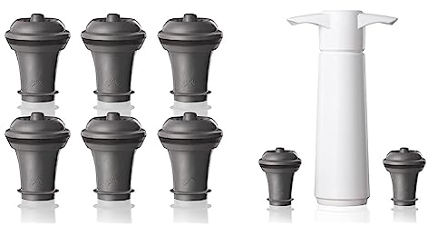 Vacu Vin 6 piece stopper for wine, Grey) & Wine Saver Gift Set - White | 1 x Vacuum Pump + 2 x Vacuum Wine Stopper