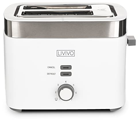 LIVIVO Sirius 2 Slice Toaster Glossy With Silver Chrome Finish & Wide Slots - 7 Browning Bread Toast Settings - Reheat Defrost & Cancel Functions – Detachable Slide On Crumb Tray 930w (White)