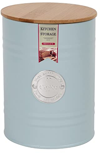 STEELEX Coffee Canister with Wooden Lid Airtight Storage Jar Kitchen Metal Containers Tins for Food Storage, Matte Finish (Light Blue)