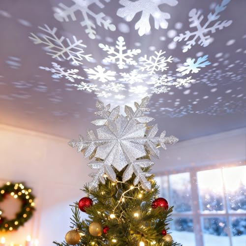 DG-Direct Christmas Tree Topper Lighted with Silver Snowflake Projector, Led Rotating Magic Snowflake, 3D Hollow Glitter Lighted Silver Snow Tree Topper for Christmas Tree Decorations