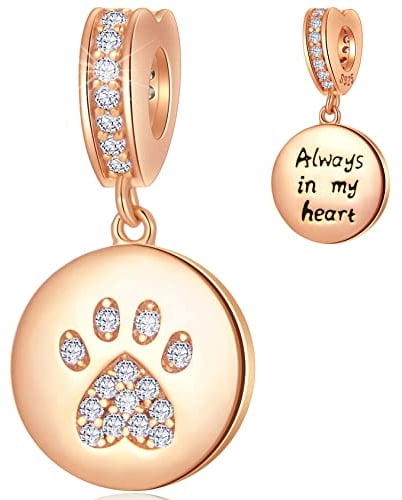 Rosegold Hund/Katze Pfote Druck Anhänger Charms, Fit Pandora Weihnachts Armband, immer in meinem Herzen Dog/Cat Paw Print CZ Perlen in 925 Sterling Silber, Geschenk für beste Mama/Freunde
