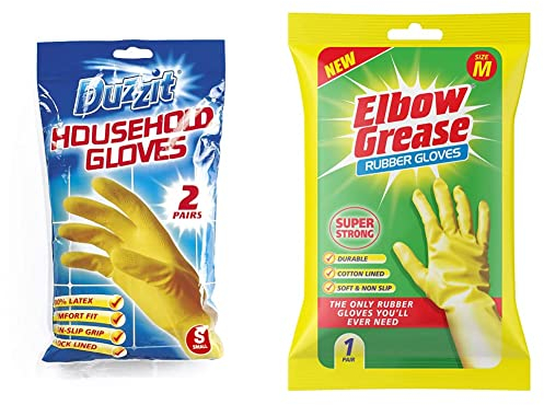 Duzzit Household Gloves 100% Latex Comfort Fit Lined Pack of 2 Size Small, Yellow, DZT1025A-48 & Elbow Grease Rubber Gloves Cotton Lined Extra Strong Non-Slip Size Medium,Yellow, 7.0 gram