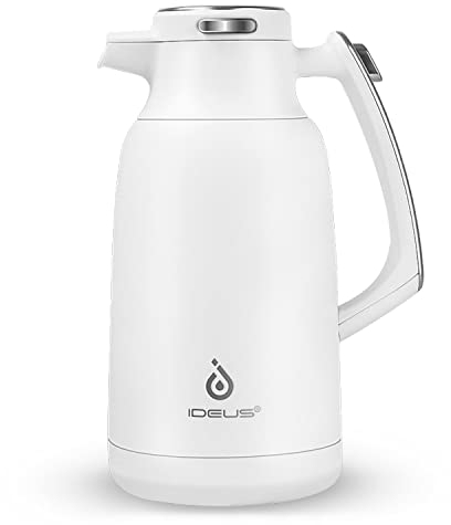 IDEUS Kaffeekanne, Doppelwandige Vakuumisolierung Isolierkanne, 2 Liter, Edelstahl, Thermoskanne hält 12 Stunden Heiß, Kanne für 15-20 Tassen, Weiß