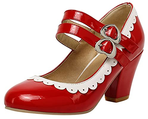 Women Block Heel Mary Jane Shoes, High Heel Pumps Round Toe Buckle Party Shoes Flowers Fashion Eplfwl Red Size 0.5 Uk/32