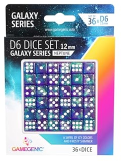 Gamegenic, Galaxy Series – Neptune – D6 Dice Set 12 mm, Zubehör | Set aus 36 hochwertigen W6 aus Acryl, Ansprechende Farben und Glanzeffekte mit funkelnden Partikeln, Würfelgröße: 12 mm