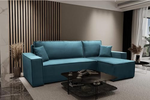 Kaiser Möbel, Ecksofa mit schlaffunktion, mit Bettkasten, Schlafsofa Atos, Designer Sofa, Modern Design Couch, Polsterecke, Freistehend, Polsterung Samt, Marineblau Rechts