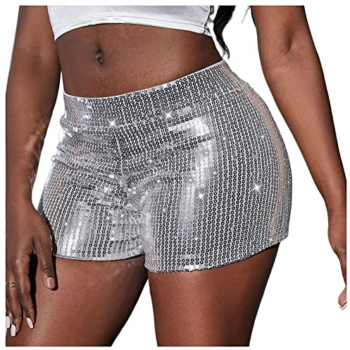 SHTGOI 1 Stück Damen Pailletten Shorts Glitzer Hohe Taille Hot Pants Sexy High Elastic Hotpants Casual Lose Kurz Hosen Kleidung für Bar-Shows Mottoparty Nacht Club Club Tanz Kostüm Silber