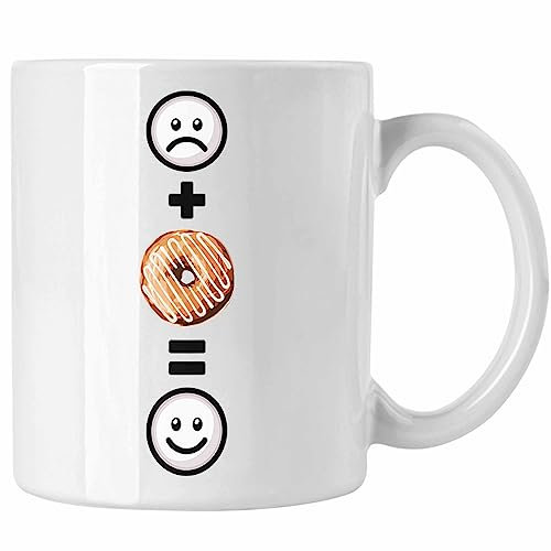 Trendation - Donut Tasse Geschenk für Donut-Liebhaber :(+ Donut = :) Lustige Geschenkidee Geburtstag (Weiß)