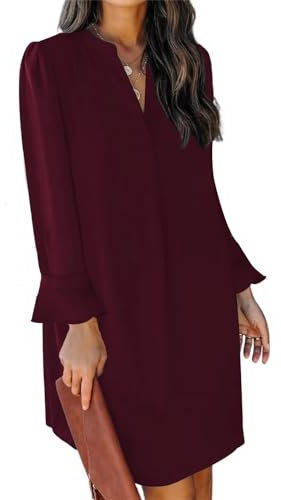 JOCAFIYE Damen Frühling und Herbst V-Ausschnitt Langarm lose und dünne lässige Elegante Rüschenkleid Rotwein M