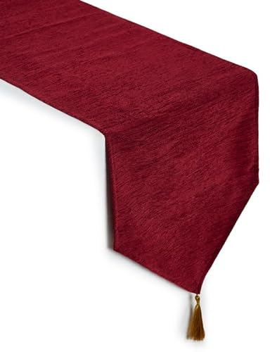 Encasa XO Tischläufer aus feinem Chenille zum Essen mit V-Ende und Quasten, 32x150 cm - Red | Dekoratives Tuch für Party, Hochzeit, Zuhause, Cafés, Restaurants und Hotels