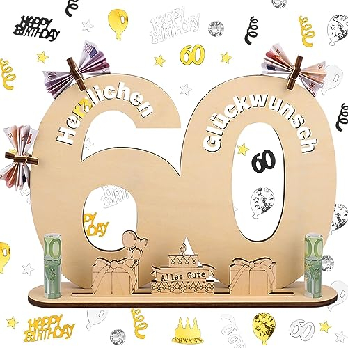 ERBO Holzschild Gästebuch, 60 Geburtstag Deko Konfetti Frau Mann, Gästebuch mit Ständer und 5 Holzpentagramme, Geldgeschenke Geburtstag, Geburtstagskarte, Geschenke Schild 60 Jahre Hochzeitstag