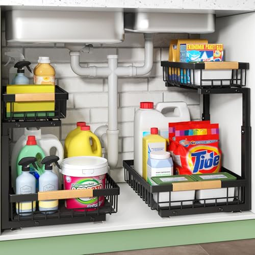Ausziehbarer Schrank-Organizer, 2 Etagen, unter der Spüle, ausziehbarer Metall-Küchenschrank-Organizer, Schubladenregal, verschiebbare Aufbewahrungsregale für Küche, Bad, Speisekammer, Schrank
