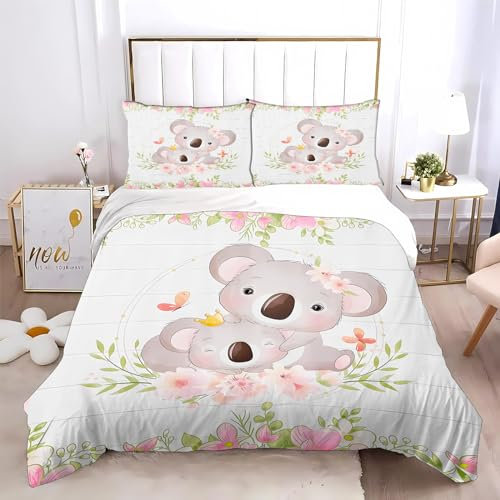 SMchwbc Koala Bettwäsche 135x200 KinderBettwäsche Koala Tiere Karikatur Bettbezug Set Für Mädchen Und Jungen 3D Durck Polyester Zootiere Koala Bettwäsche-Set (135 x 200 cm,7)