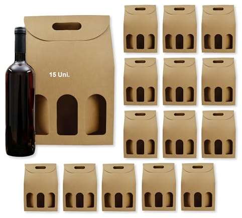 15 Cajas de Cartón Marrón Vacías para 3 Botellas 27x9x40cm | Estuches para Regalo y Embalaje de Vino | Maletas de Vino para Regalar: Pascua, Cumpleaños, Navidad