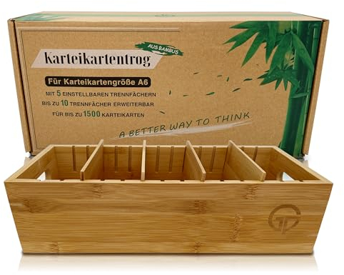 GP Get Productive Karteitrog für 1500 DIN A6 Karteikarten, inkl. 4 einstellbaren Trennbrettern der Holz-Karteitrog quer, Karteikasten Bambus Holz Lernbox glanzbeschichtet in premium Qualität