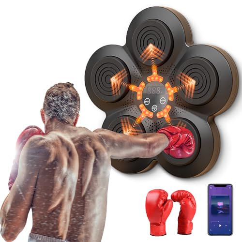 Warmfunn Machine de Boxe Musicale, Appareil de Boxe électronique Portable Mural à Domicile, Smart Bluetooth Music Boxeur électronique, Cadeau de Boxe (Noir+Gants Adultes)