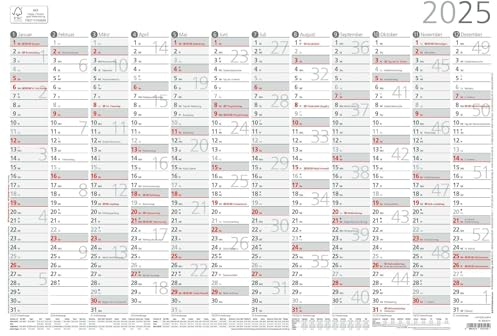 Zettler - Plakatkalender 2025, 42x29,7cm, Jahresplaner mit Jahresübersicht, 12 Monate auf 1 Seite, Mondphasen, Arbeitstage-, Tages- und Wochenzählung, Ferientermine und deutsches Kalendarium