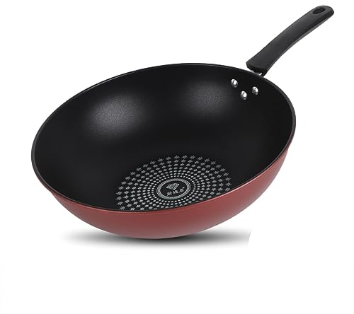 Sartén Wok De Hierro Fundido Con Tapa Y Asas De Madera Sartén Wok Grande Con Base Plana Y Superficie Antiadherente Para El Hogar(28cm)