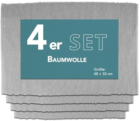 Como Platzmatte 4er Set grau, Platzset aus Baumwolle, strapazierfähig, hitzebeständig, abwaschbar, rutschfest, Platzdeckchen 48x33 cm