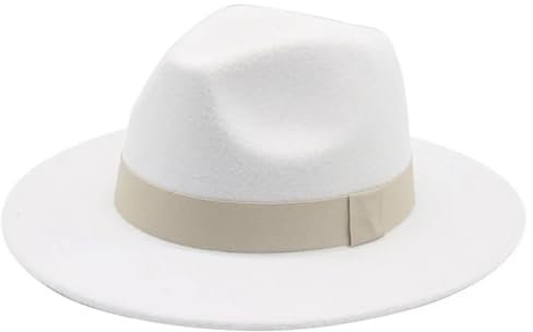 SOYNIA Fedora Trilby Filzhut Hut Fedora-Hut Für Damen Bandband Herrenhut Breite Krempe Klassische Hochzeit Kirche Bowler-Kappe 60–62 cm (XL) Weißbeige