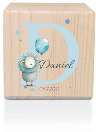 GRAVURZEILE Spardose aus Holz - Tiermotive mit Monogram - mit Namen und Datum personalisiert - Personalisierte Geschenke für Mädchen & Jungen zum Geburtstag Kommunion - Geschenk für Kinder - Schaf