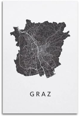 ZSZWHJ Poster im Vintage-Stil, Schwarz-Weiß-Karte, Europa, Österreich, Graz, Poster, dekorative Malerei, Leinwand, Wandposter und Kunstdruck, moderne Familienschlafzimmer-Dekoration, Poster, 50 x 75