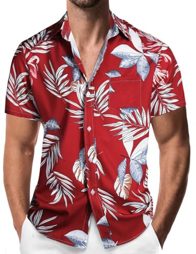Danfiki Camicia da Uomo Hawaiana Fiori a Maniche Corte Collo Button-Down | Tessuto Leggero e Traspirante, Camicia Estiva Hawaiana Dai Colori Vivaci, Con 1 Tasca Sul Petto, Campo, Pesca, Spiaggia