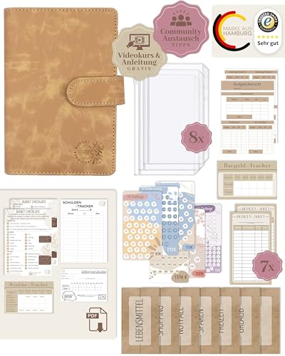 BeginnerBudget® Budget Planner Deutsch - Starterset mit Sparchallenge Budgetplaner - Sparen mit Umschlagmethode + Anleitung - Ringbuch A6 - Binder A6 Wildleder-Style (Beige)
