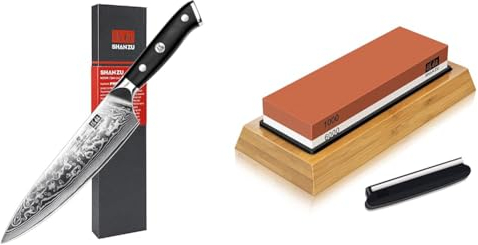 SHAN ZU Cuchillo de Cocina Damasco, 20cm Cuchillo Chef Japones de Acero Damasco de 67 Capas & Piedra de Afilar Cuchillo de Piedra Afiladores Manuales 1000/6000 Grano