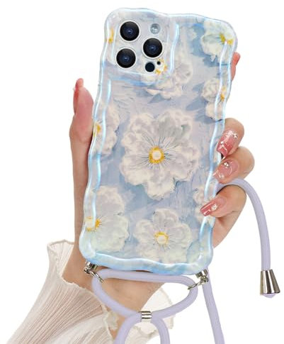 Micoden Handykette für iPhone 15 Pro Max HülleÖlgemälde Blume Handyhülle mit Glitzer Hülle Lockiges Wellen Rahmenform Soft TPU Case Ultradünne Silikon Stoßfeste Schutzhülle Bumper CoverBlau