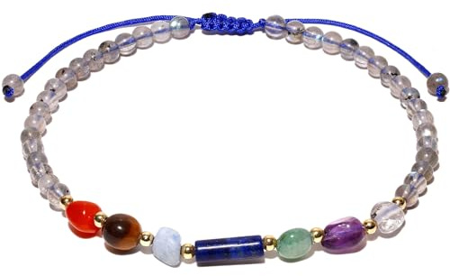Wizock Bracelet de cheville en perles Reiki 7 chakras, pierres et cristaux colorés pour la méditation, le yoga, la plage, L, Pierre Cuivre, Pierre de lune