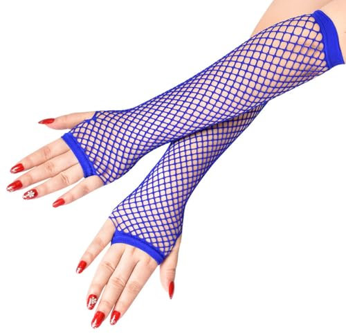 Elegance-go Lange Fischnetz Handschuhe,Netzhandschuhe lang Fingerlose Netzhandschuhe für Damen Fingerlose Netzhandschuhe für 80er Kostümabend Partyzubehör(saphirblau)