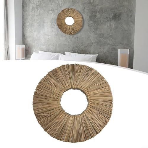Jayruit Miroir rond en corde de paille, miroir mural rond à suspendre avec cordes de paille décoratives pour maisons et bureaux