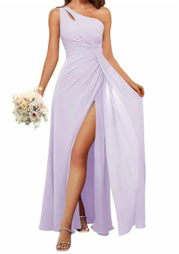HPPEE Damen Einschultriges Brautjungfernkleid mit Schlitz, fließendes Chiffon, langes formelles Kleid für Frauen, Flieder, 34
