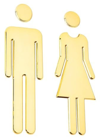 WC signo placa inodoro baño 1 par puerta placa cartel inodoro pegatinas, Símbolos de Hombre y Mujer, Fabricados en Plástico ABS Duradero, Impermeable y Resistente al Sol, Color Oro, 19.5 cm de Altura