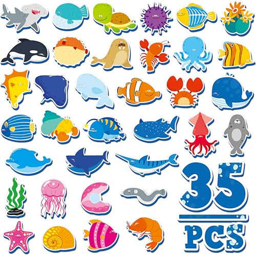 35 PCS Marine Animal Magnets, Adorable Magnetic Sea Animals Underwater Creatures -Thick Foam EVA Refrigerator Magnets Cute Educational Learning Toys for Kids 3+