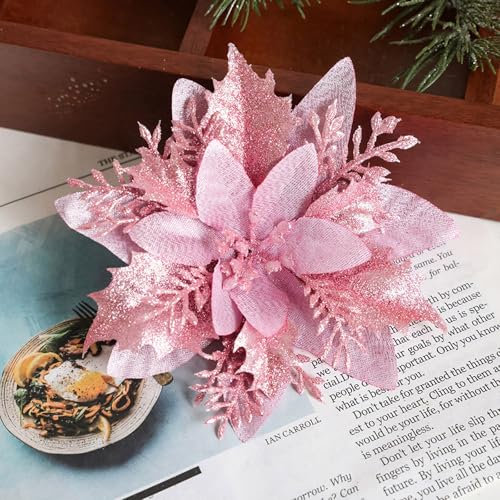 Uixxducc 12 Stück Weihnachten Glitzer Weihnachtsstern Blumen mit Clips,Weihnachtsbaumschmuck Ornament aus Kunststoff, Weihnachten Blumen Dekor, Christbaumanhänger (Rosa)