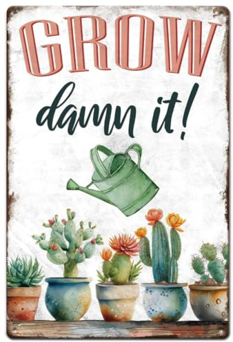 SUPERDANT Grow Cactus Tin Sign Pot Plant Metal Tin Sign Plants Theme Metal Signs Funny Signs and Plaque Vintage Natural Metal Wall Art for Home Garden Bars Cafe Pubs Vintage Wall Decoration