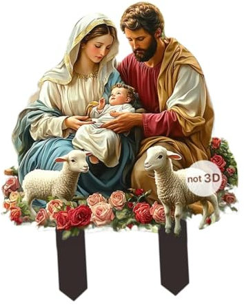 Dualoai Krippen Gartenstecker, Pflanzgefäß Dekoration, 2D Heilige Familie, Weihnachtsdekoration für Drinnen Und Draußen, Lämmer
